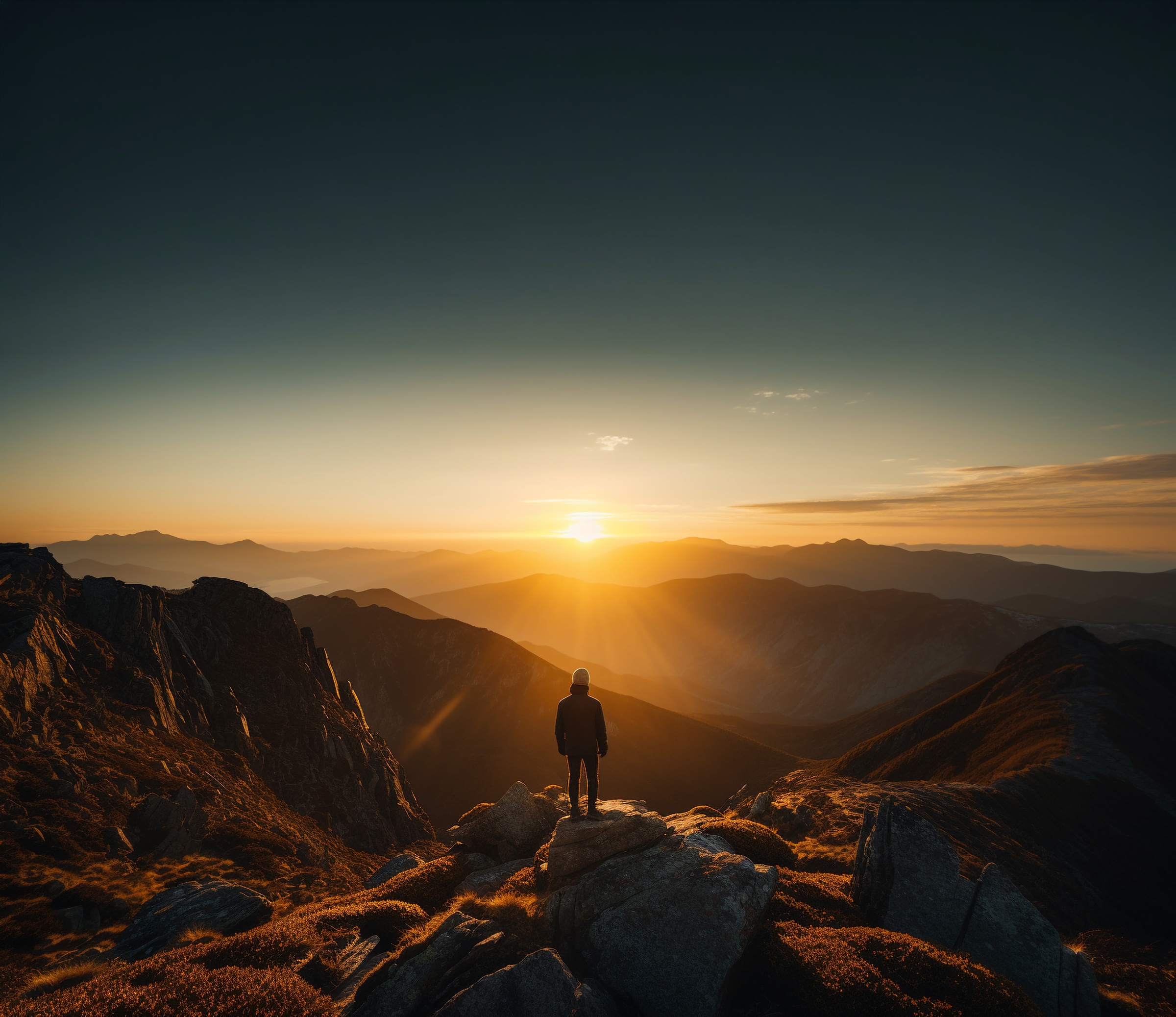 A lone hiker watching the sunrise from a mountain peak near Nandi Hills