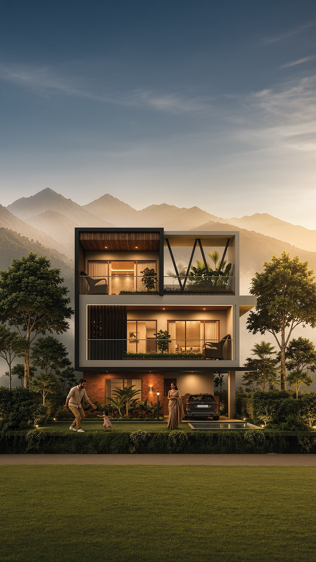 Luxury villa nestled among misty mountains near Nandi Hills at sunrise