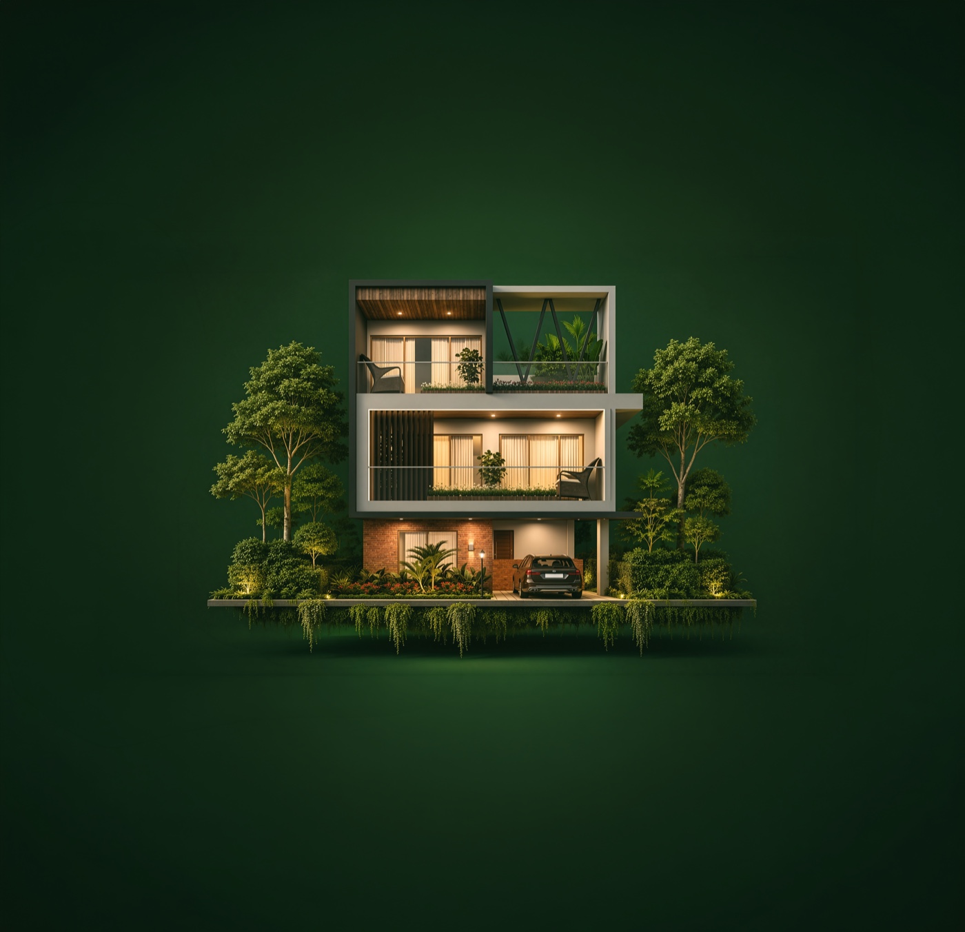 Isolated villa render surrounded by lush landscaping