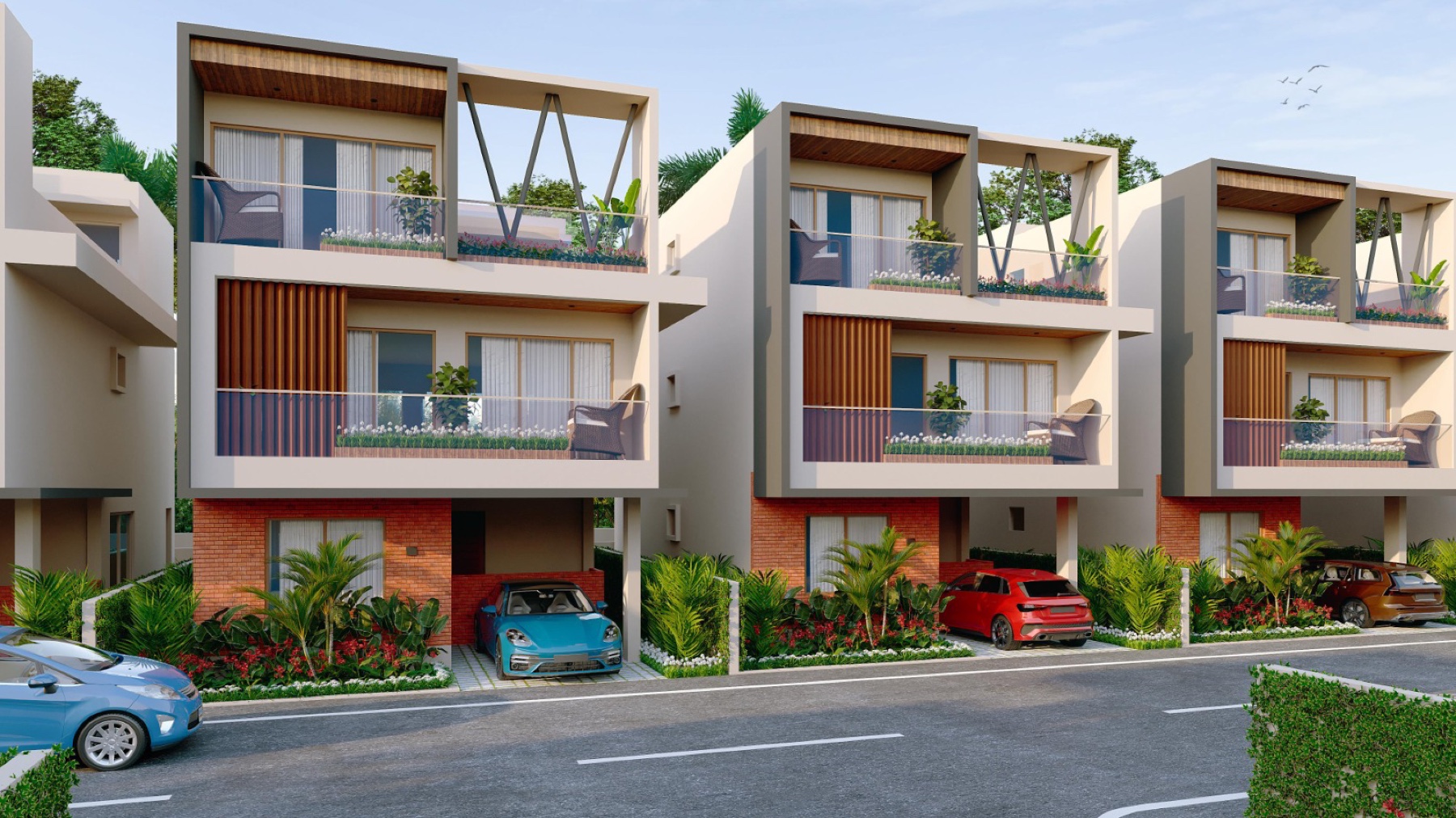 Row of contemporary villas with private balconies and landscaped driveways